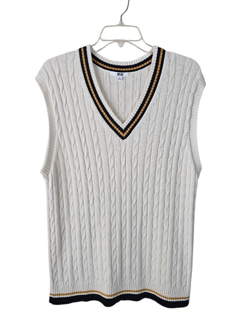 Uniqlo Cream Cable Knit V-Neck Sweater Vest with Navy & Gold Trim